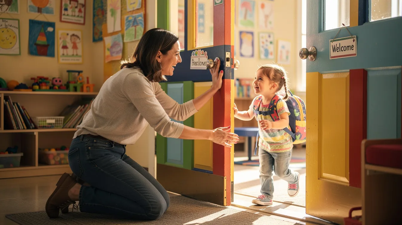 A preschool teacher kneels at a brightly colored classroom door, warmly greeting a smiling child as they step inside, marking the first day of school.