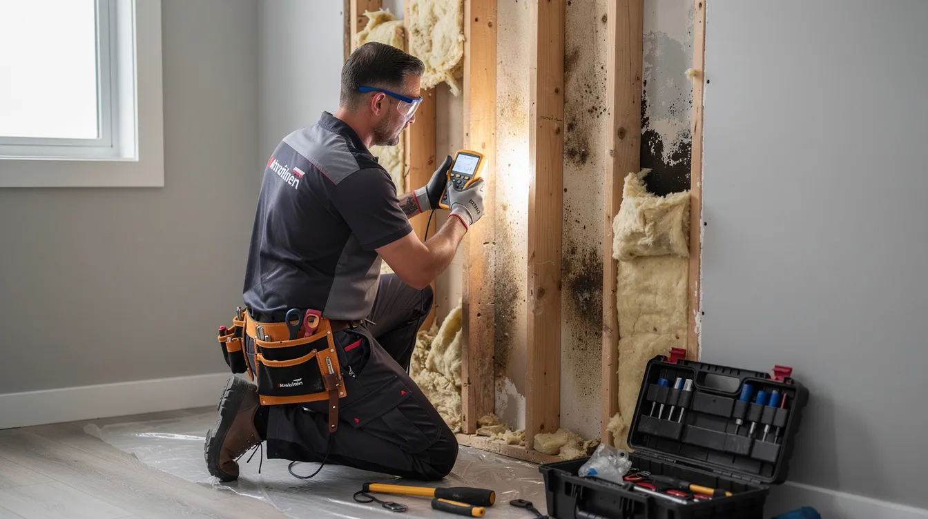 A professional restoration technician is inspecting water damage behind a wall, using a moisture meter to assess the extent of the damage, which could impact an insurance claim process for property owners in Texas. The technician is focused on identifying hidden moisture and potential mold growth to prevent further damage and ensure proper documentation for any water damage insurance claims.