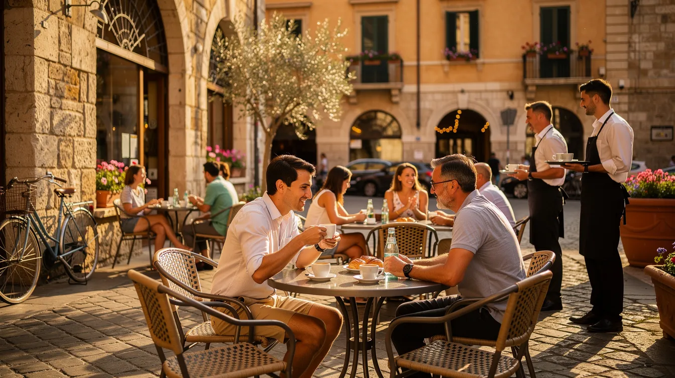 Retirement in Italy: Visas, Taxes, Property & Practical Steps (2027 Guide) 2 An outdoor café scene in an Italian piazza features charming stone buildings and people leisurely enjoying their espresso, embodying the essence of "la dolce vita." This vibrant atmosphere reflects the rich culture of Italy, making it an appealing destination for foreign retirees considering the Italian elective residence visa.