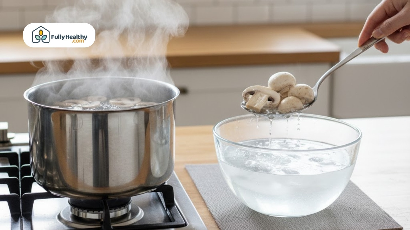 Boiled mushrooms transferred with spoon into bowl of ice water for blanching