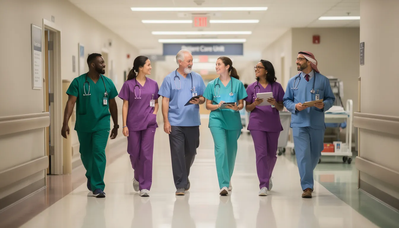 A diverse group of healthcare professionals in scrubs walks together down a hospital hallway, showcasing teamwork and collaboration in patient care. Their presence emphasizes the importance of clinical skills, critical thinking, and organizational skills in providing well-being and support to patients.