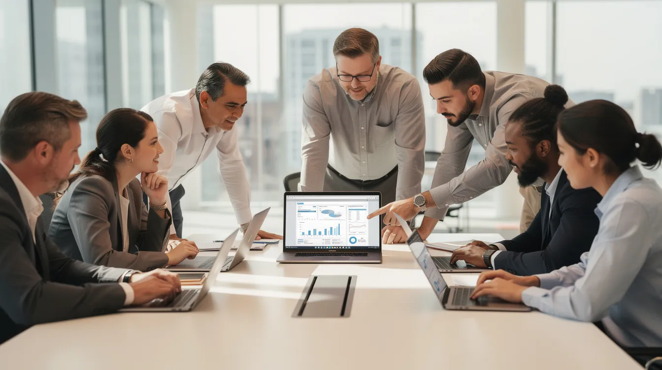 In the image, a group of professionals is gathered around a table, reviewing laptops together during a planning session. They are likely discussing strategies for an internship management program, utilizing tools and software to enhance the experience for interns and employers.