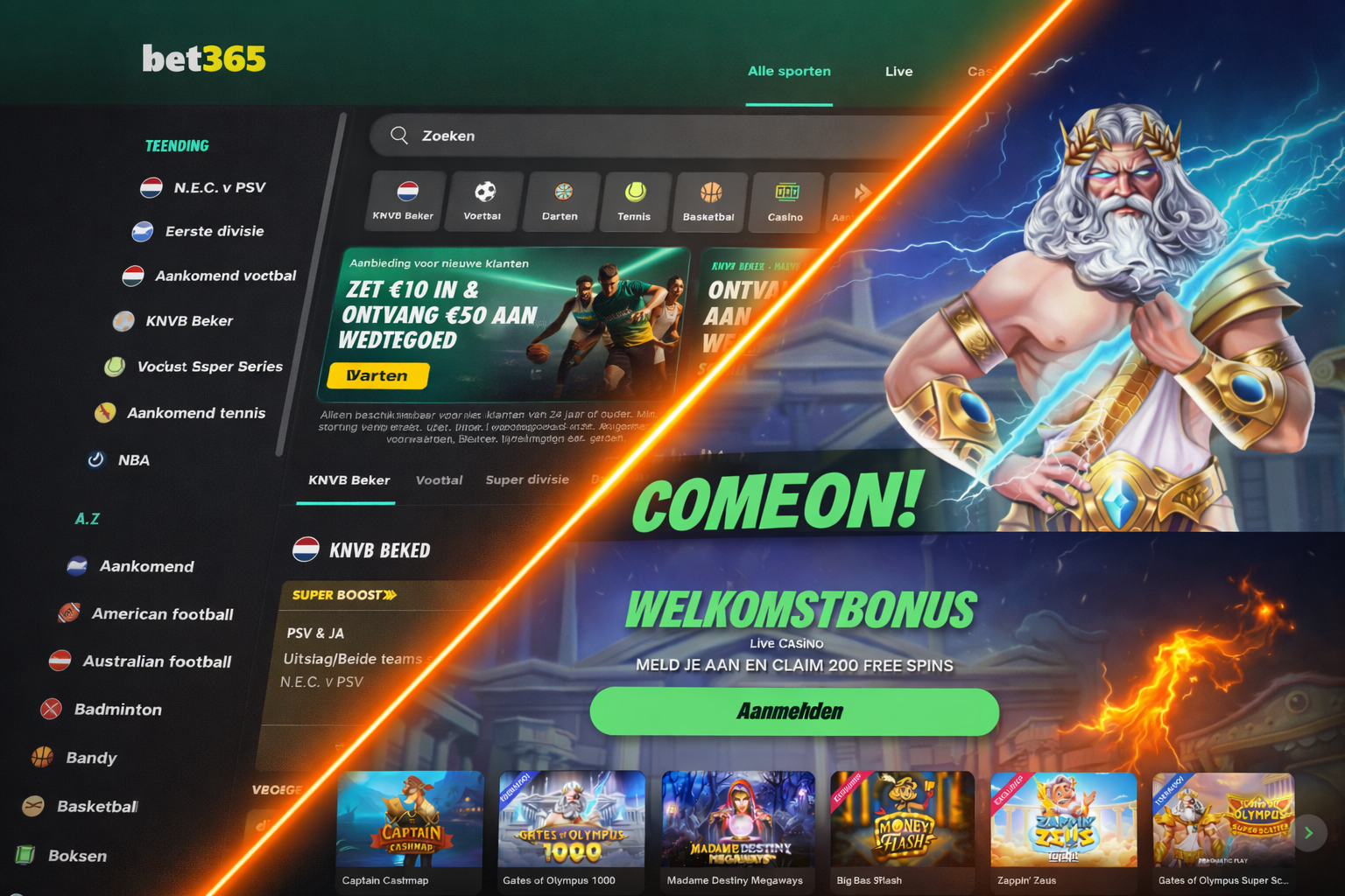 Samengestelde afbeelding met een diagonale splitsing tussen bet365 en ComeOn!, gescheiden door een opvallende oranje lijn (#FF6A00). Linksboven is de sportsbook-omgeving van bet365 te zien met live sportweddenschappen en promoties, rechtsonder de online casino-omgeving van ComeOn! met welkomstbonus en populaire casinospellen.