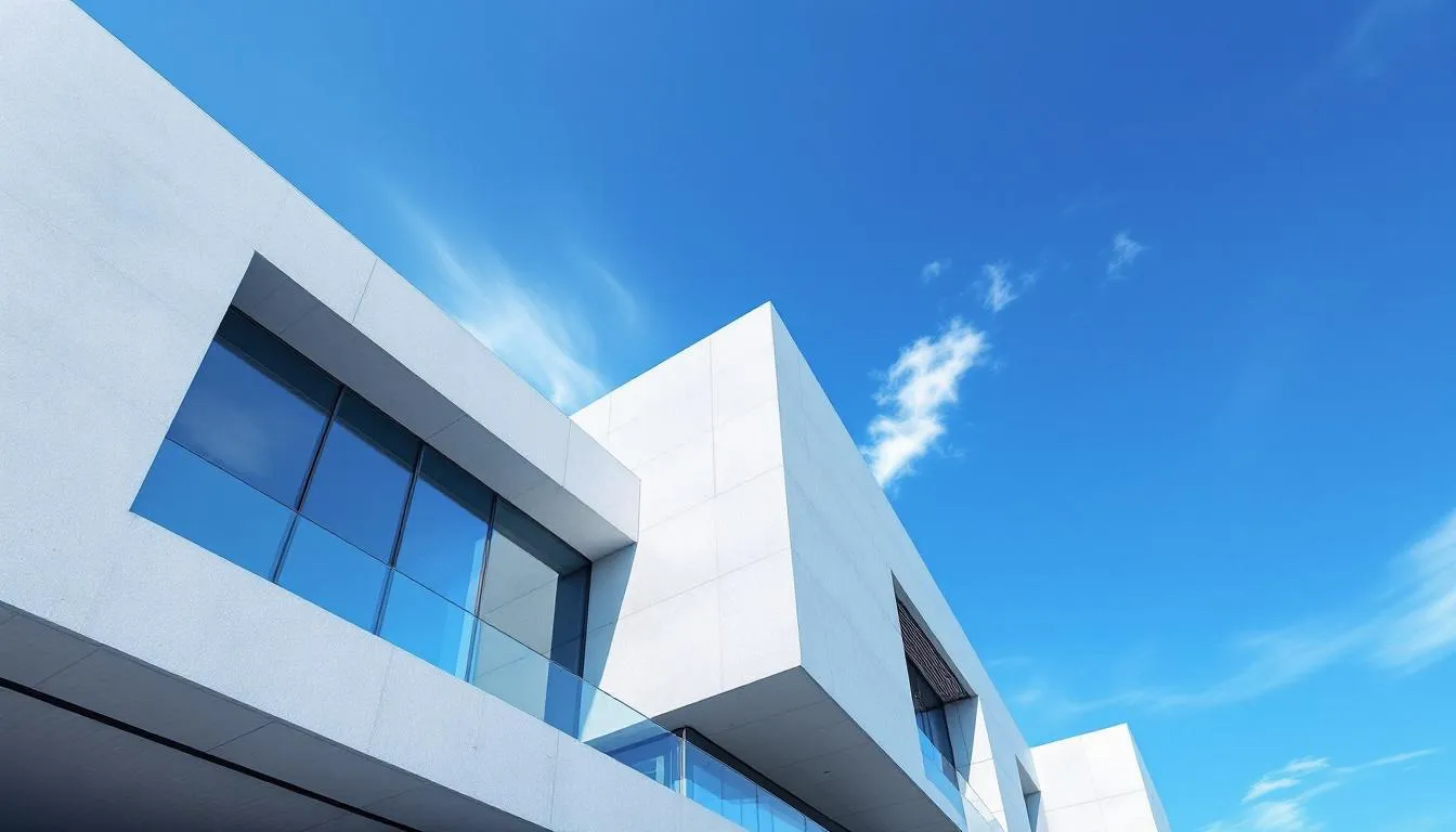 The image depicts a modern architectural building characterized by clean lines and intriguing geometric forms, set against a clear blue sky, symbolizing creativity and innovation in design. This structure reflects the principles of a growth mindset, encouraging individuals to engage with their environment and pursue their goals with motivation and persistence.