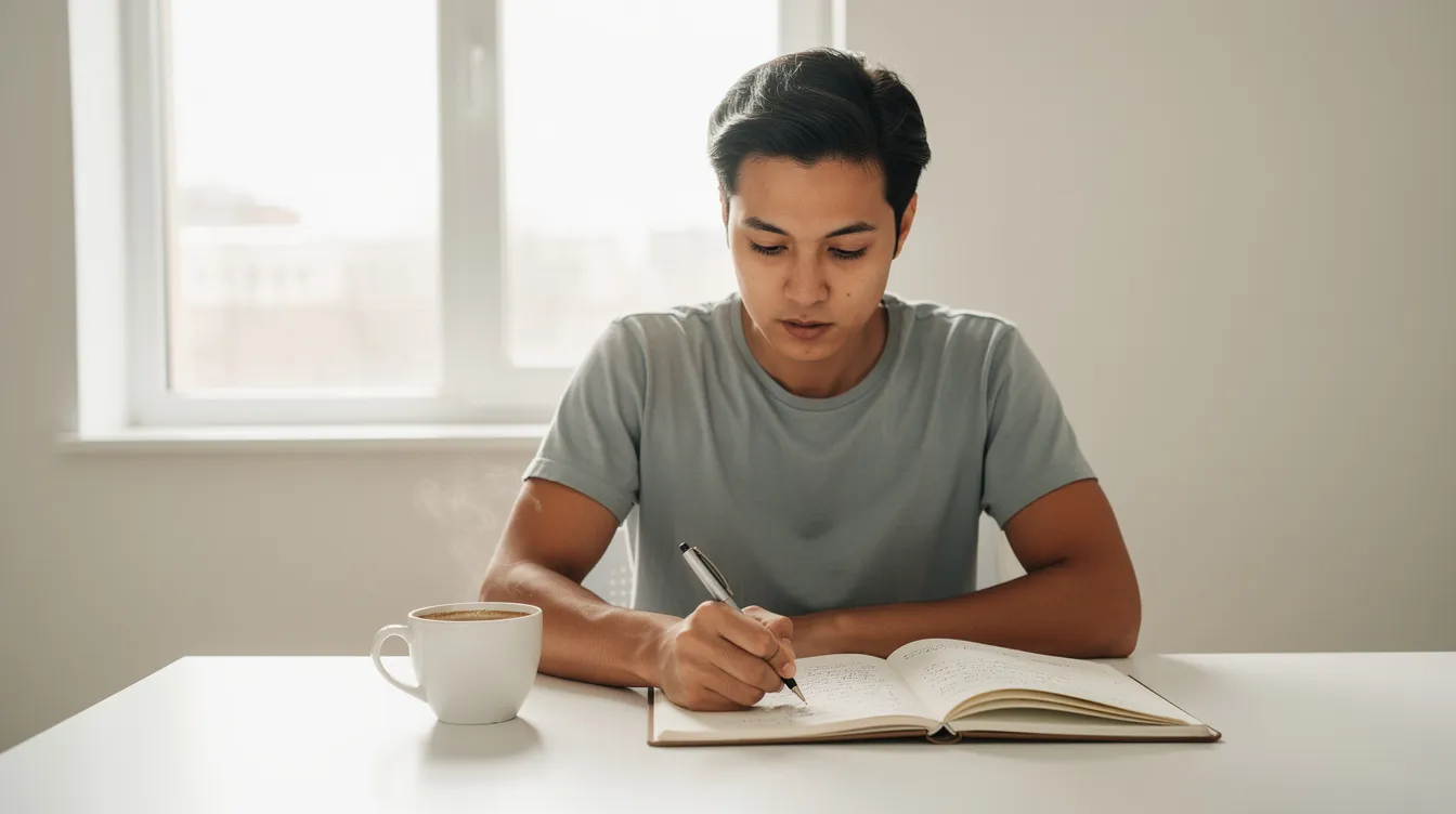 Une personne concentrée est assise à un bureau lumineux, entourée d'un environnement propice à la productivité, avec une tasse de café et un carnet pour prendre des notes. Cette scène illustre l'importance de la gestion du temps et de l'efficacité au travail, favorisant ainsi un rythme de travail agréable.