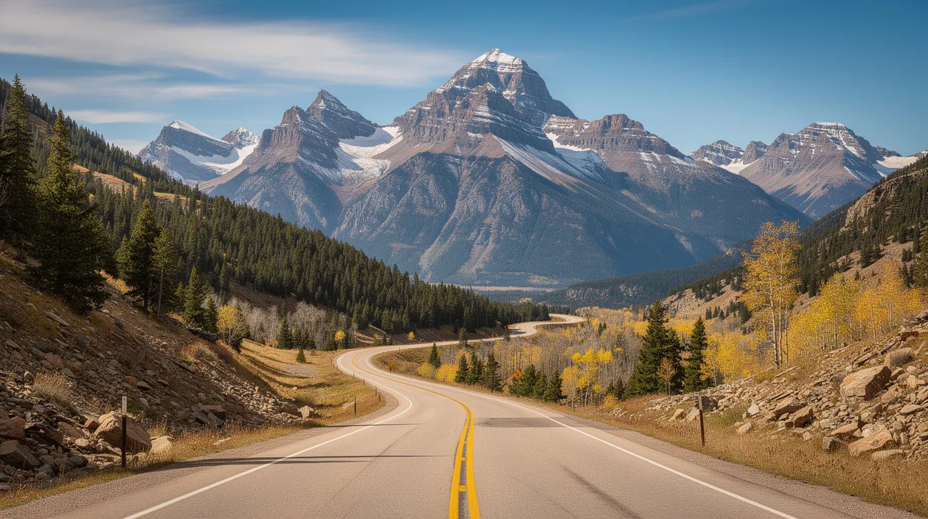 The image depicts a winding mountain highway in Colorado, surrounded by majestic snow-capped peaks in the background. This scenic route is often associated with car accidents, highlighting the importance of safe driving and awareness of the posted speed limit to prevent incidents on such beautiful yet challenging roads.
