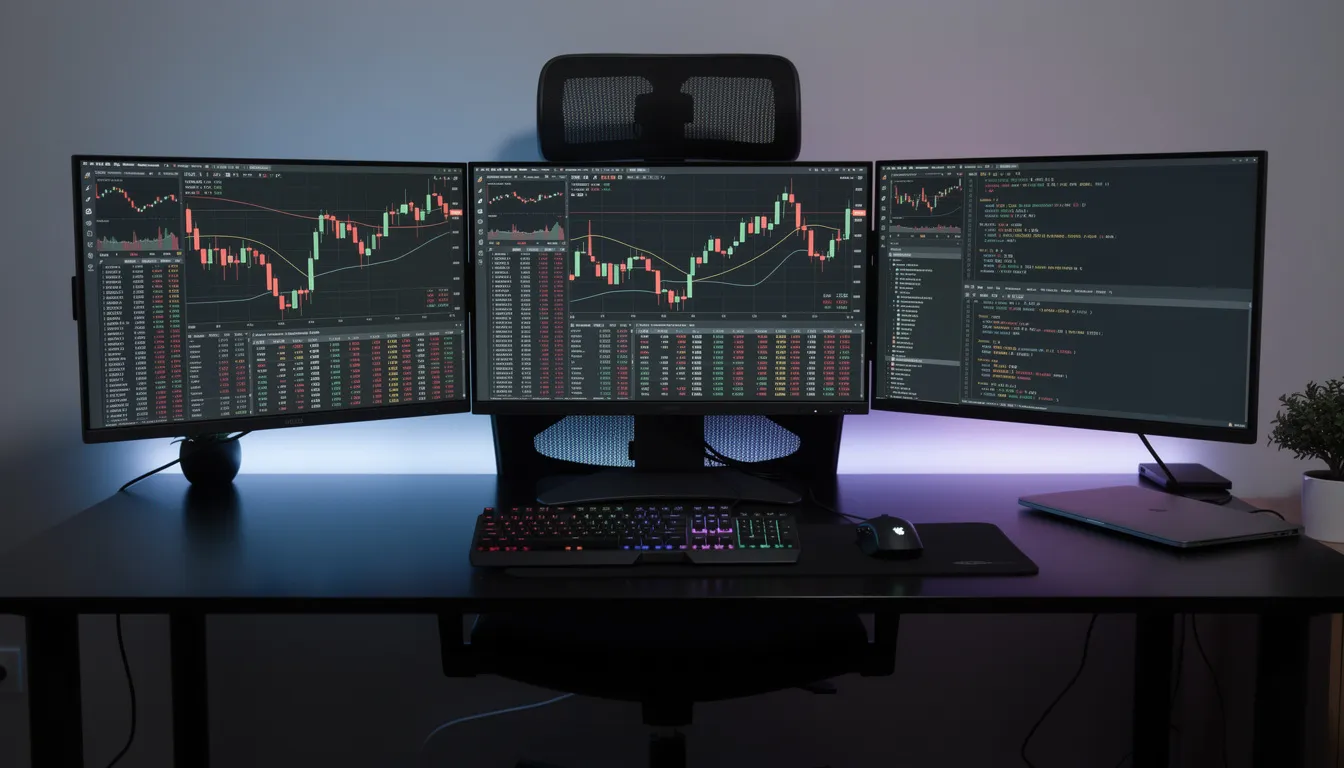 The image shows a computer workstation equipped with multiple monitors displaying various trading charts, code snippets, and real-time market data feeds, illustrating an environment used for algorithmic trading. This setup is essential for algorithmic traders to analyze financial markets, execute trades based on sophisticated trading algorithms, and monitor market conditions.