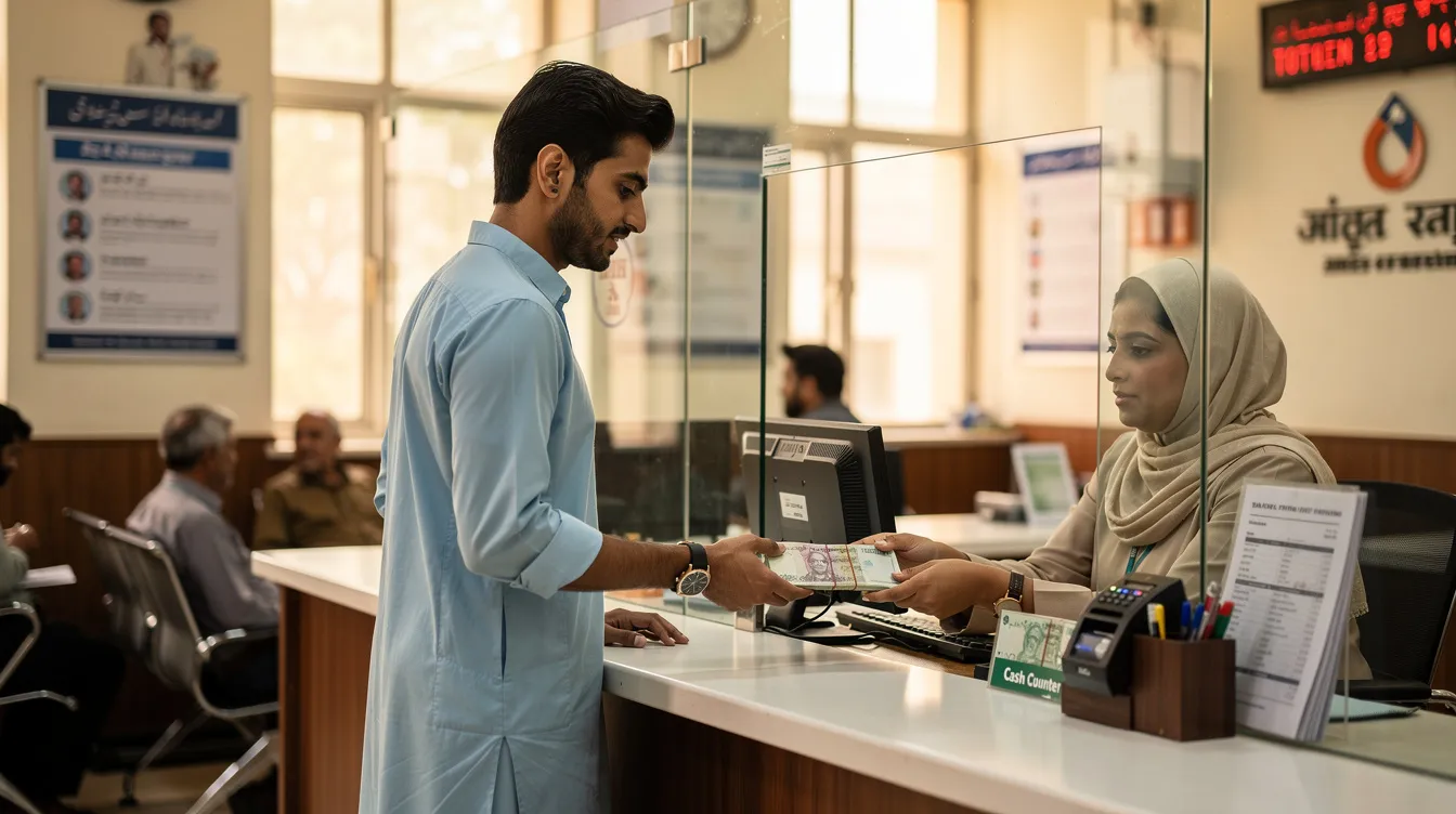 An individual is seen collecting cash at a bank counter window in Pakistan, likely utilizing remittance services to send money to loved ones. The setting reflects the convenience of accessing funds through a UBL bank account, emphasizing the importance of secure international payments for overseas Pakistanis.