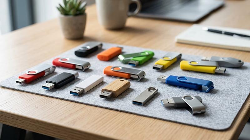 Several USB flash drives on a table