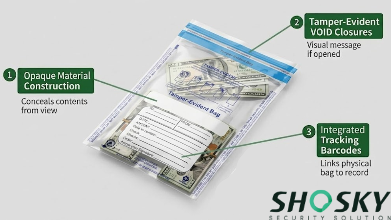 Labeled infographic of a financial deposit bag showing its security components