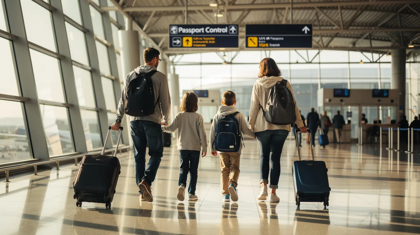 A family is seen walking through an airport terminal, pulling luggage as they approach passport control, highlighting the importance of maintaining their immigration status and the necessary documentation for their UK visas. The scene captures the anticipation of travel and the need for accessible proof of identity as they prepare for their journey.