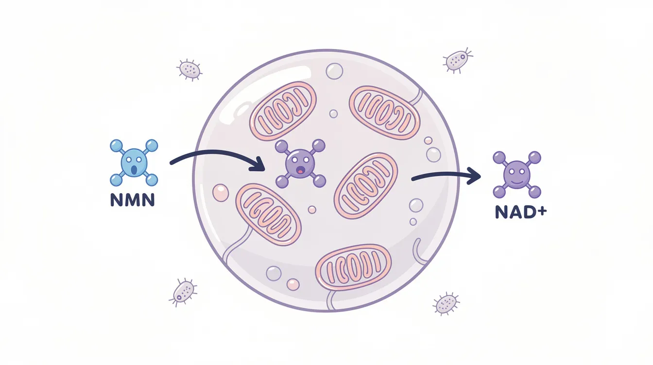 The illustration depicts a human cell featuring mitochondria, with arrows indicating the conversion of NMN to NAD+. Nearby, there are small icons representing gut bacteria, highlighting the connection between NMN treatment and gut health in the human body.