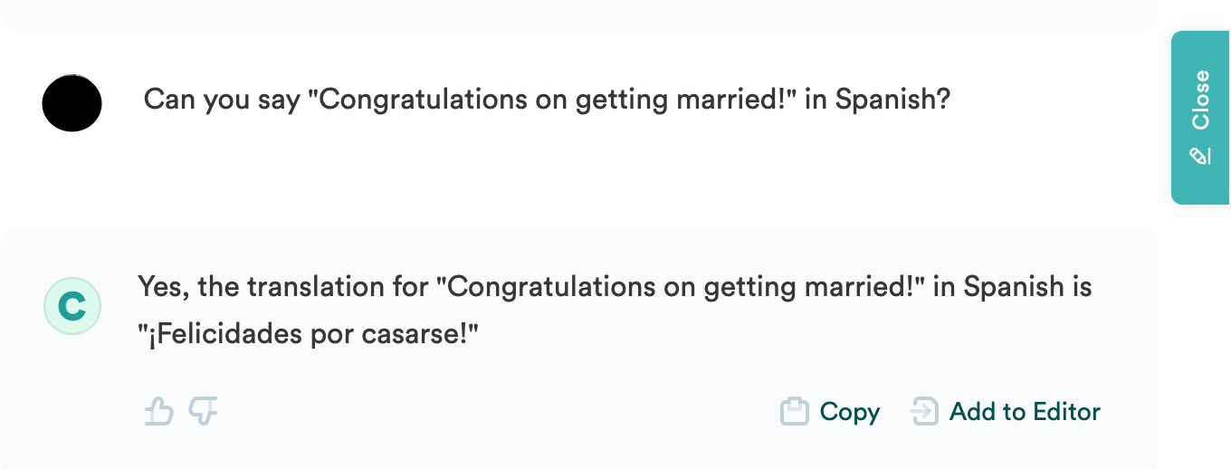 Copy.ai responses to being asked to say "Congratulations on getting married!" in Spanish 