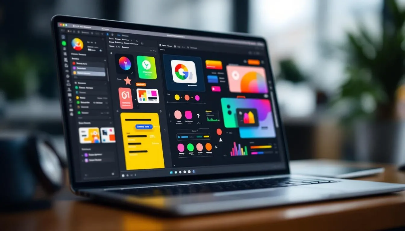 A computer screen displays a vibrant digital design tool interface featuring colorful graphic elements. This image represents the essence of digital marketing, showcasing the creative aspects involved in managing social media campaigns and targeted advertising.