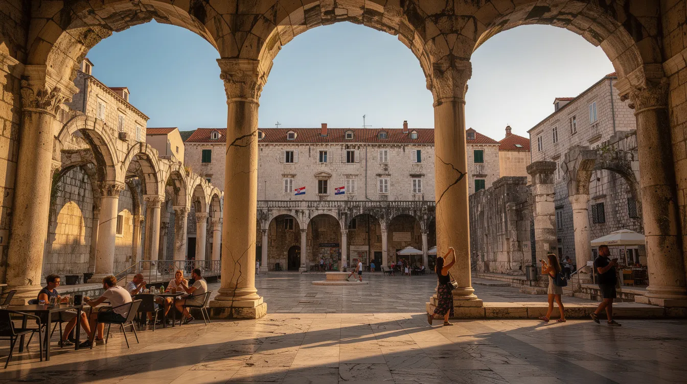 A imagem mostra o Palácio de Diocleciano, uma imponente estrutura histórica localizada na cidade de Split, na Croácia. Este palácio, que remonta ao Império Romano, é cercado por ruas de paralelepípedos e edifícios medievais, refletindo a rica cultura e história da região do mar Adriático.