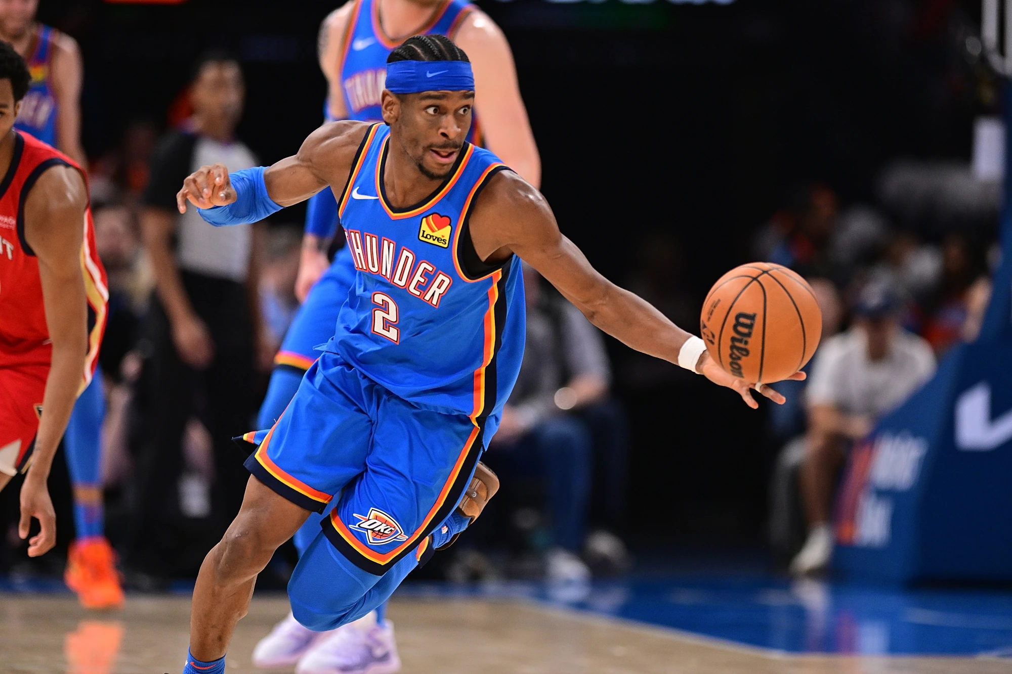 Shai Gilgeous-Alexander #2 of the Oklahoma City Thunder handles the ball during the second half against the New Orleans Pelicans at Paycom Center on February 10, 2025 in Oklahoma City, Oklahoma.