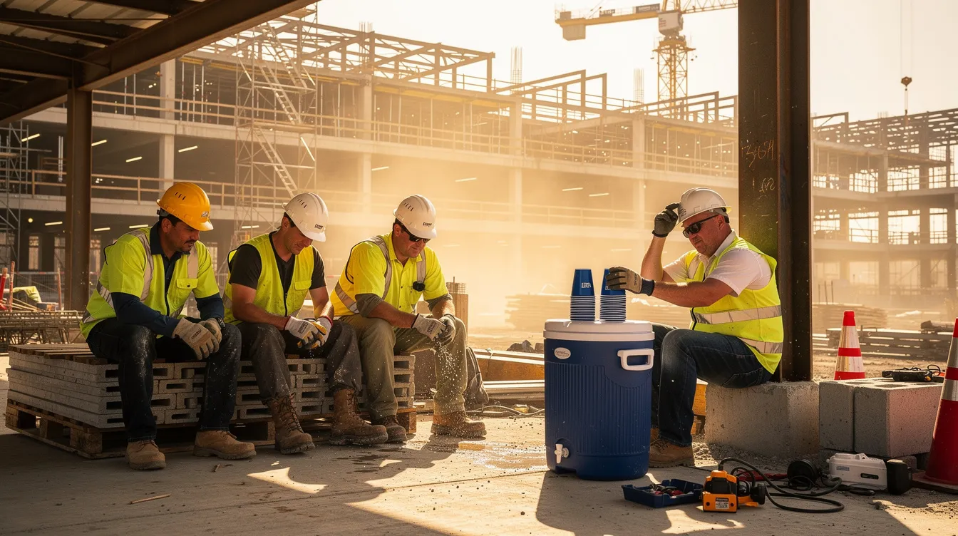 Construction workers taking a shaded break near a water cooler on a commercial building site during hot weather.