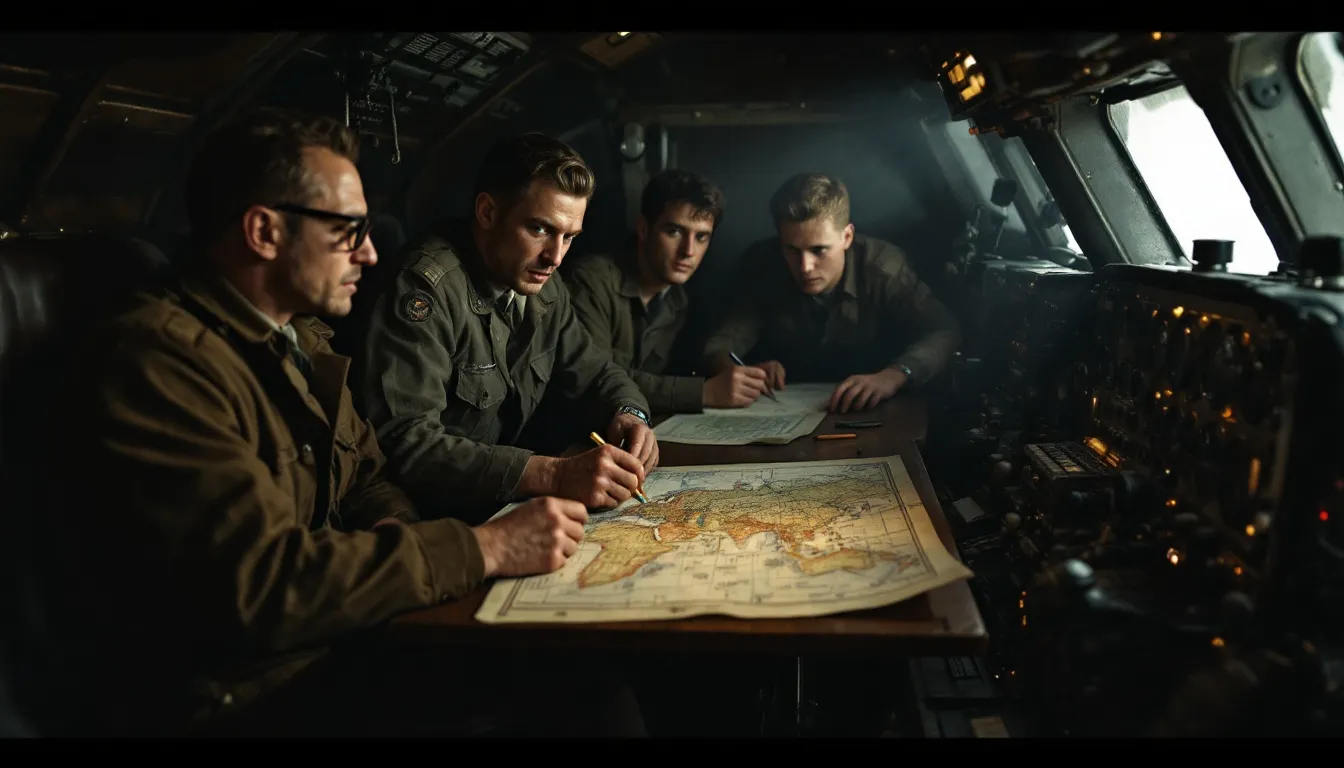 Interior view of a B-17 cockpit with crew members at work during a mission.