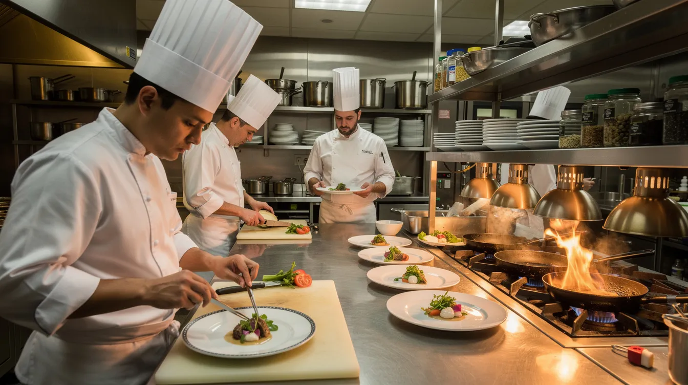 In a bustling hotel kitchen, staff members are actively preparing a variety of dishes for restaurant service, showcasing the operational side of hotel operations. The scene reflects the importance of efficient management in the hospitality industry, which directly impacts the hotel's financial performance and profitability analysis.