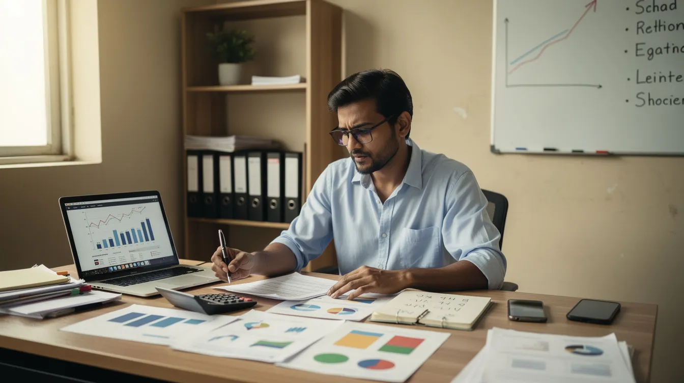 138b0e79 e631 4e03 a056 1fb3e435086a An Indian man is seated at a desk in a small office, intently reviewing business documents and analyzing financial charts, which suggests he is planning for a successful future business. The setting reflects the focus on small business ideas, emphasizing the importance of thorough market research in the business world.
