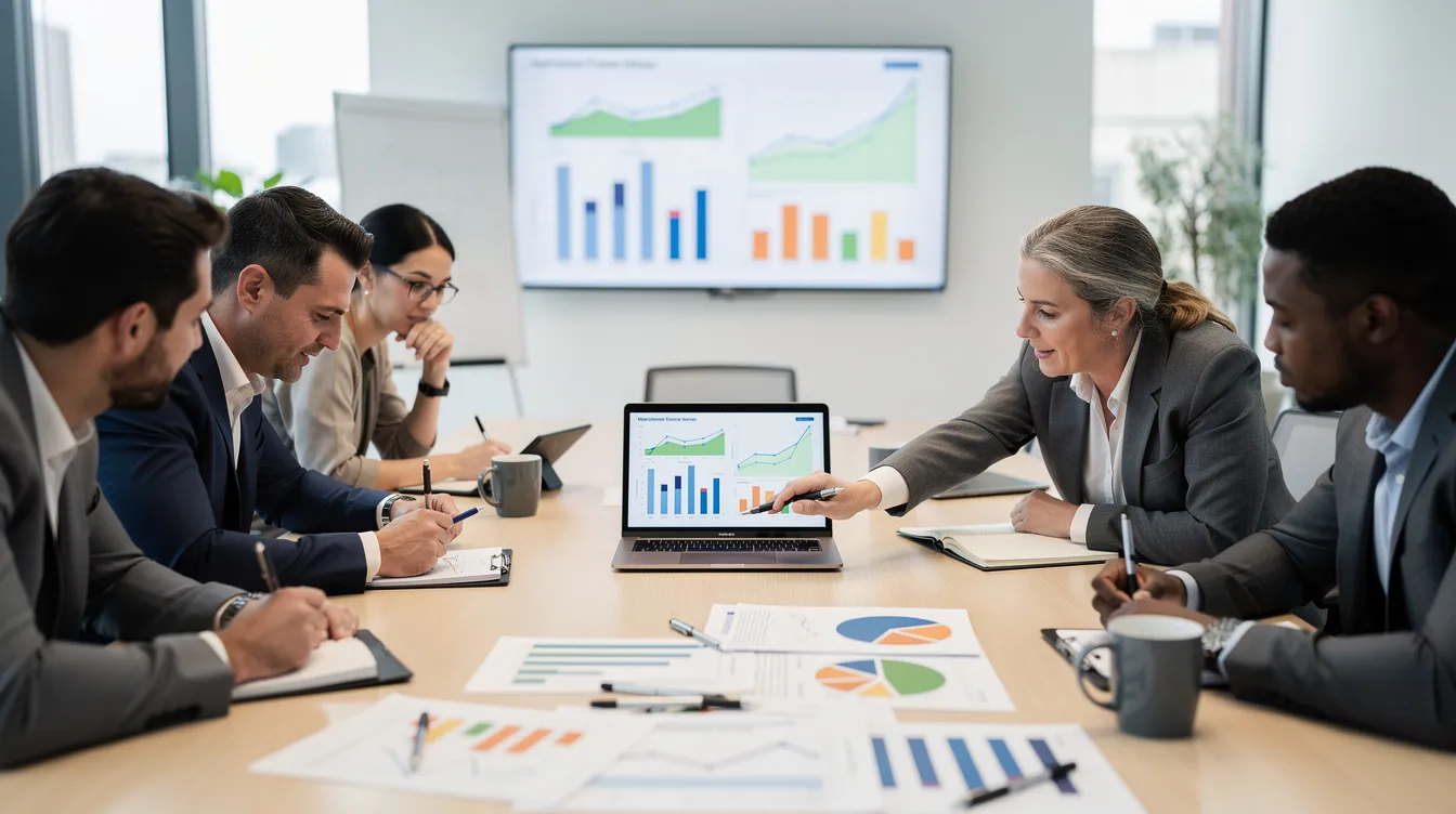 Educators gathered around a laptop in a conference room, analyzing charts and graphs representing student progress and outcomes in work-based learning programs.