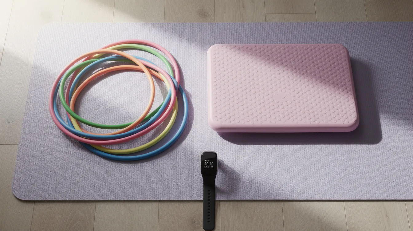 The image features a vibrant array of resistance bands, a foam balance pad, and a fitness tracker watch meticulously arranged on a yoga mat, suggesting a focus on strength training and maintaining muscle mass. This setup promotes a healthy exercise routine, emphasizing the importance of physical activity for overall well-being and longevity.