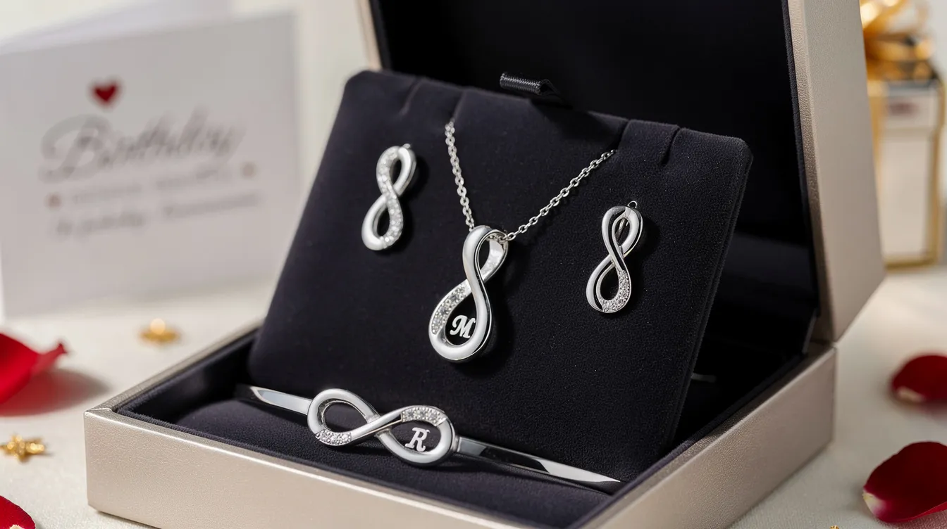 The image features an elegant infinity jewellery set made of sterling silver, beautifully displayed in a presentation box. This set symbolizes eternal love and is perfect for special occasions like birthdays and anniversaries, showcasing a range of bracelets, necklaces, earrings, and rings that can be personalized for a meaningful gift.