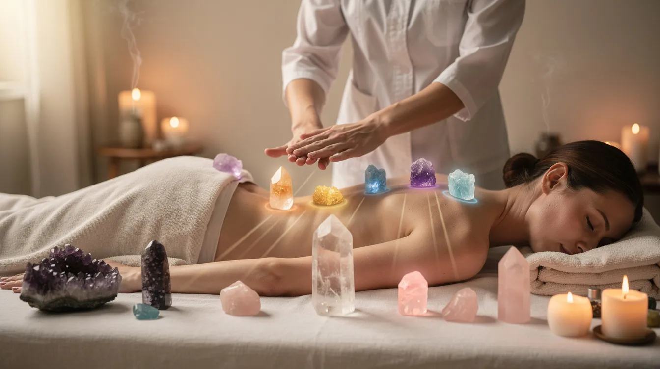 The image depicts a serene Reiki healing session where a practitioner gently places various specific crystals on a person's body, aiming to balance their energy and promote emotional and physical well-being. The crystals, known for their unique healing properties, are believed to enhance the healing process by channeling positive energy and relieving stress.