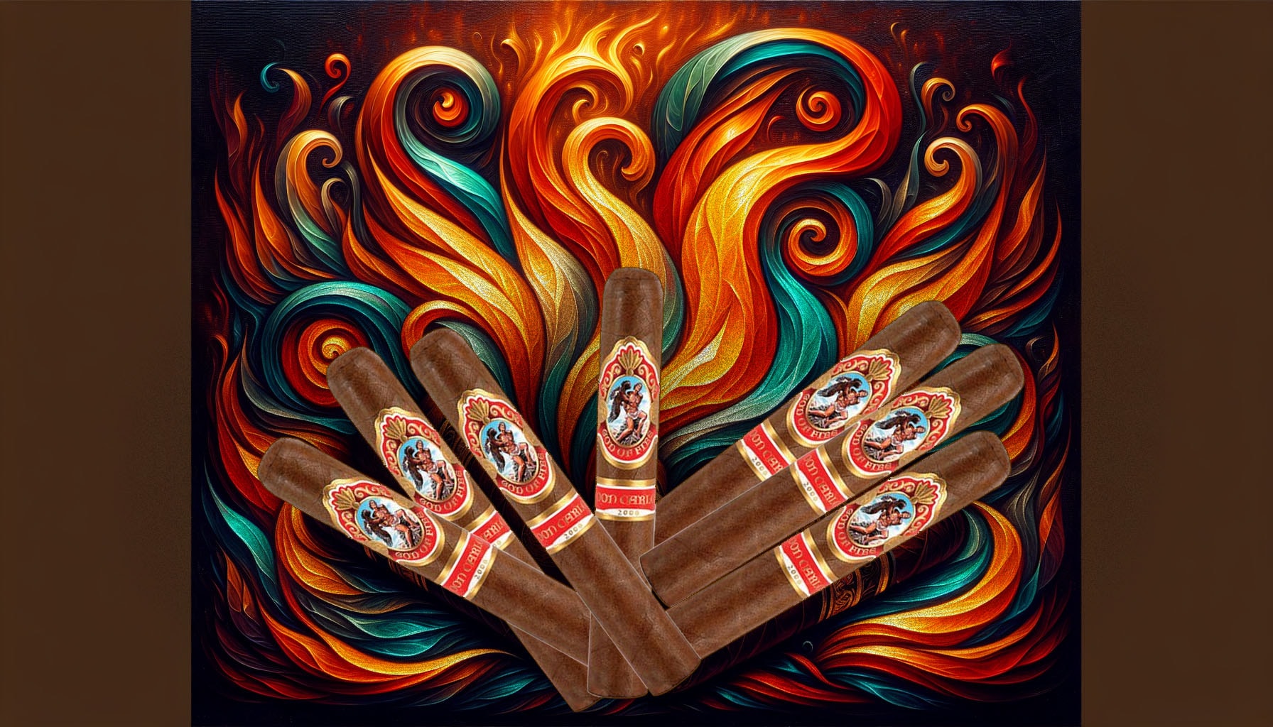 An illustration representing the God of Fire by Don Carlos cigars, featuring a blend of vibrant colors and cigar elements.