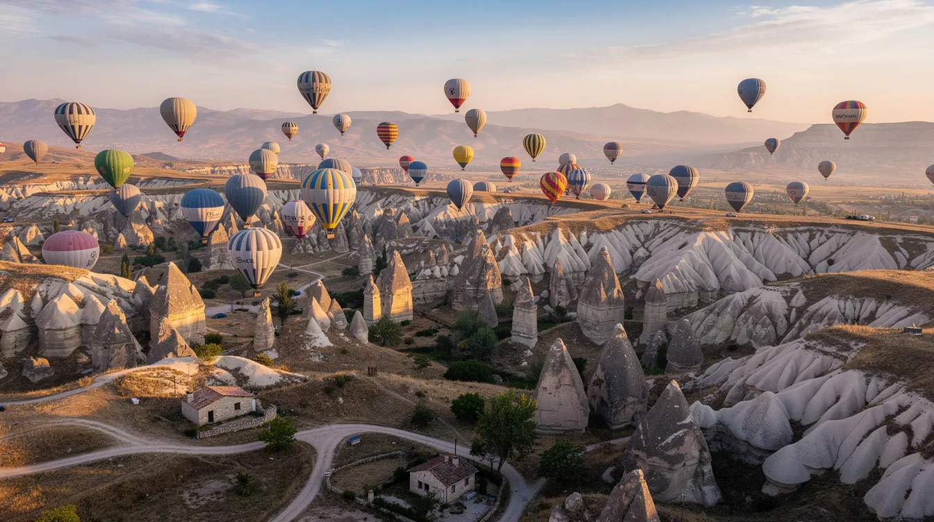 A imagem mostra balões coloridos flutuando sobre as chaminés de fada em Göreme, na Capadócia, criando um cenário mágico e deslumbrante. A paisagem revela as formações rochosas únicas da região, enquanto viajantes admirando a vista apreciam a beleza do destino.