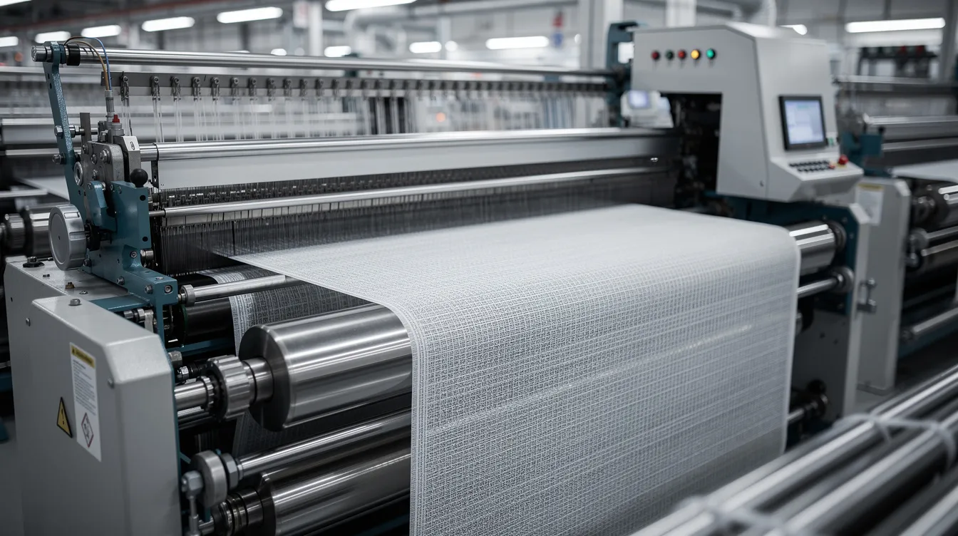 The image depicts advanced machinery in an industrial setting, actively engaged in the manufacturing process of technical textile fabric. This scene highlights the textile industry's focus on producing high-quality materials using raw materials, catering to both domestic and export markets.