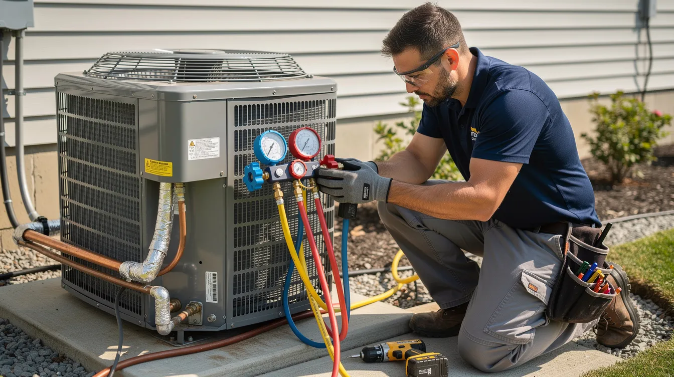A technician is connecting professional manifold gauges to an outdoor air conditioning unit, carefully checking the refrigerant pressure to ensure the air conditioning system operates efficiently and avoids potential leaks. This important part of the service helps maintain the cooling performance of the air conditioner.