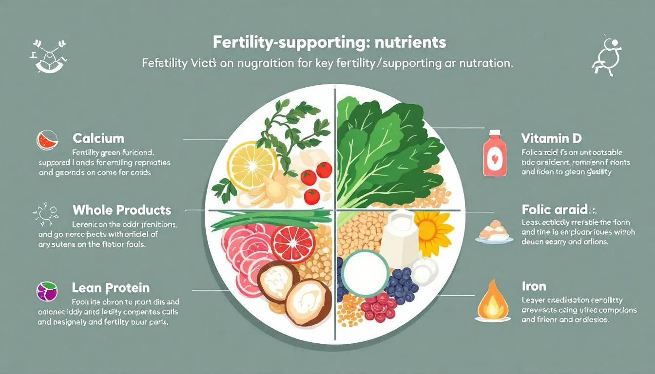 A vibrant assortment of foods rich in essential nutrients, including calcium and vitamins, is displayed, emphasizing their importance for supporting reproductive health and increasing fertility. This healthy diet aims to enhance the development of the reproductive system and overall well-being.