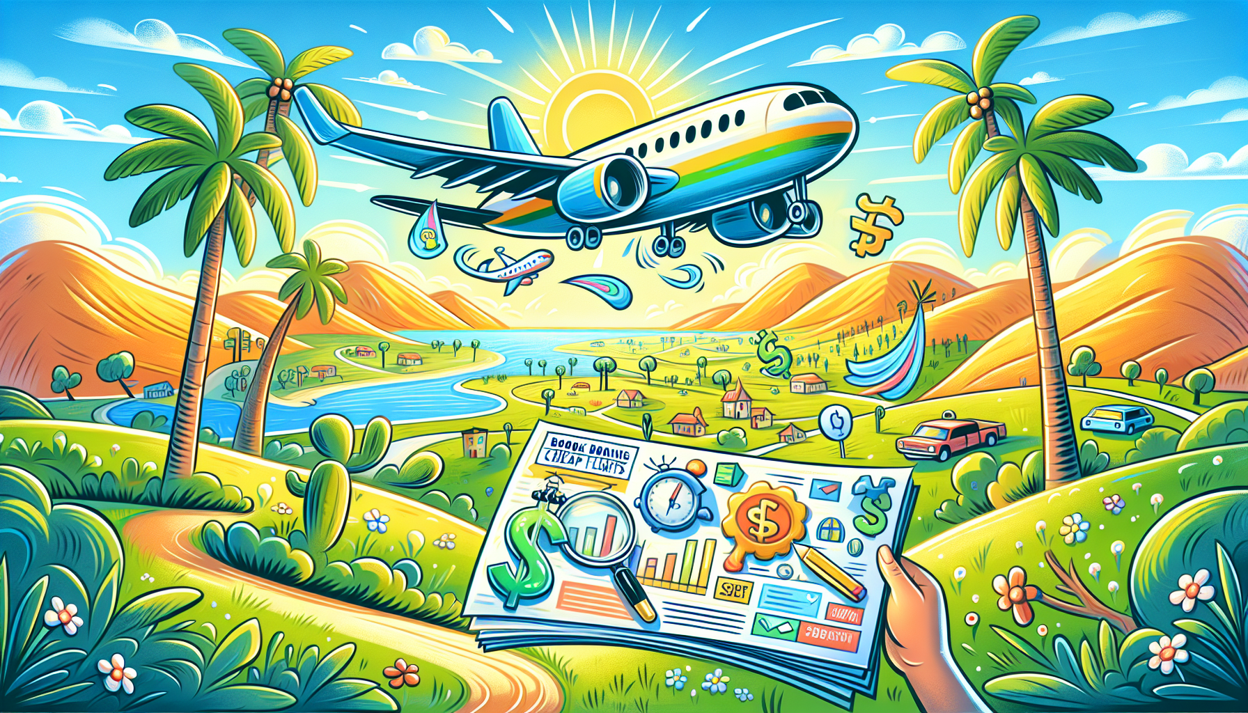 An illustration providing tips for finding cheap flights from Florida to Los Angeles.