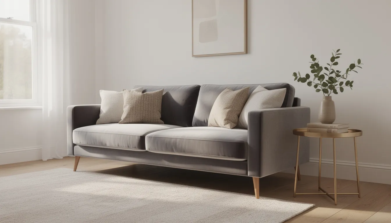 A stylish modern UK living room showcases a soft grey velvet sofa adorned with textured neutral cushions, complemented by a brass-effect side table. This inviting space reflects affordable luxury furniture, perfect for creating a comfortable and chic living area.