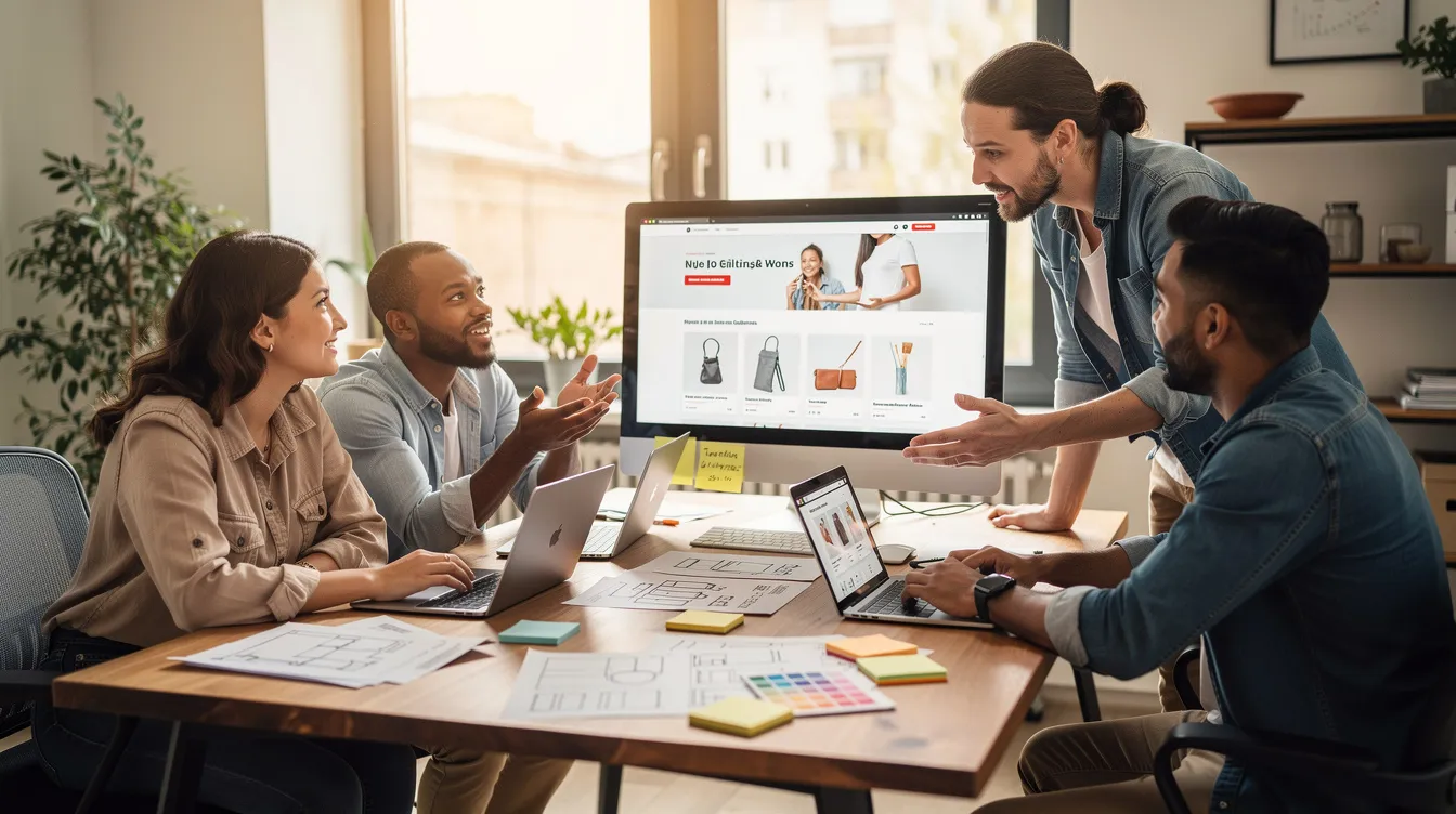 A small ecommerce team is gathered around a desk, brainstorming website design ideas for their Shopify store. They are discussing various theme choices, including custom themes and design trends, while sharing inspiration for enhancing their online presence.