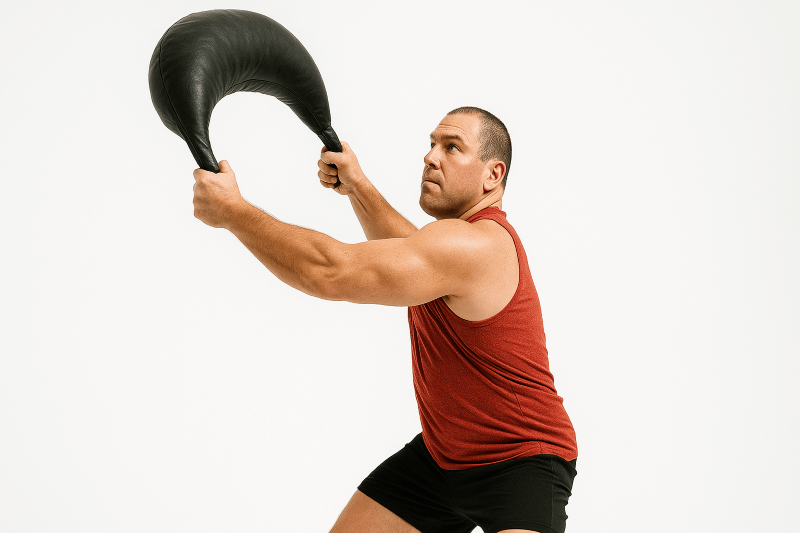 Athlete performing swing snatch with bulgarian bag