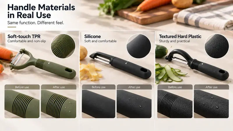 Side-by-side handle comparison showing soft-touch TPR, silicone, and textured hard plastic before and after repeated-use testing. 