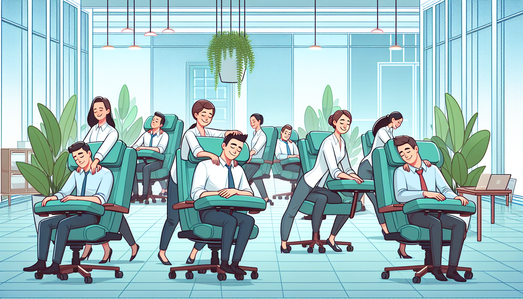 Illustration of improved workplace morale through chair massage