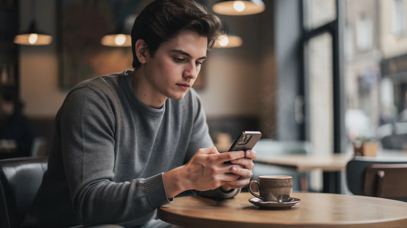 A person sits at a cafe, thoughtfully gazing at their phone while a coffee cup rests nearby, reflecting on their dating journey and the importance of intentional dating for building meaningful relationships. The scene captures a moment of self-reflection, as they consider their relationship goals and the qualities of a potential partner.