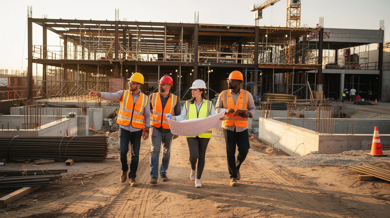 A construction team wearing hard hats is walking together at a construction site, reviewing building progress and discussing project management strategies. Their collaboration emphasizes effective communication and decision-making essential for the success of the construction project.