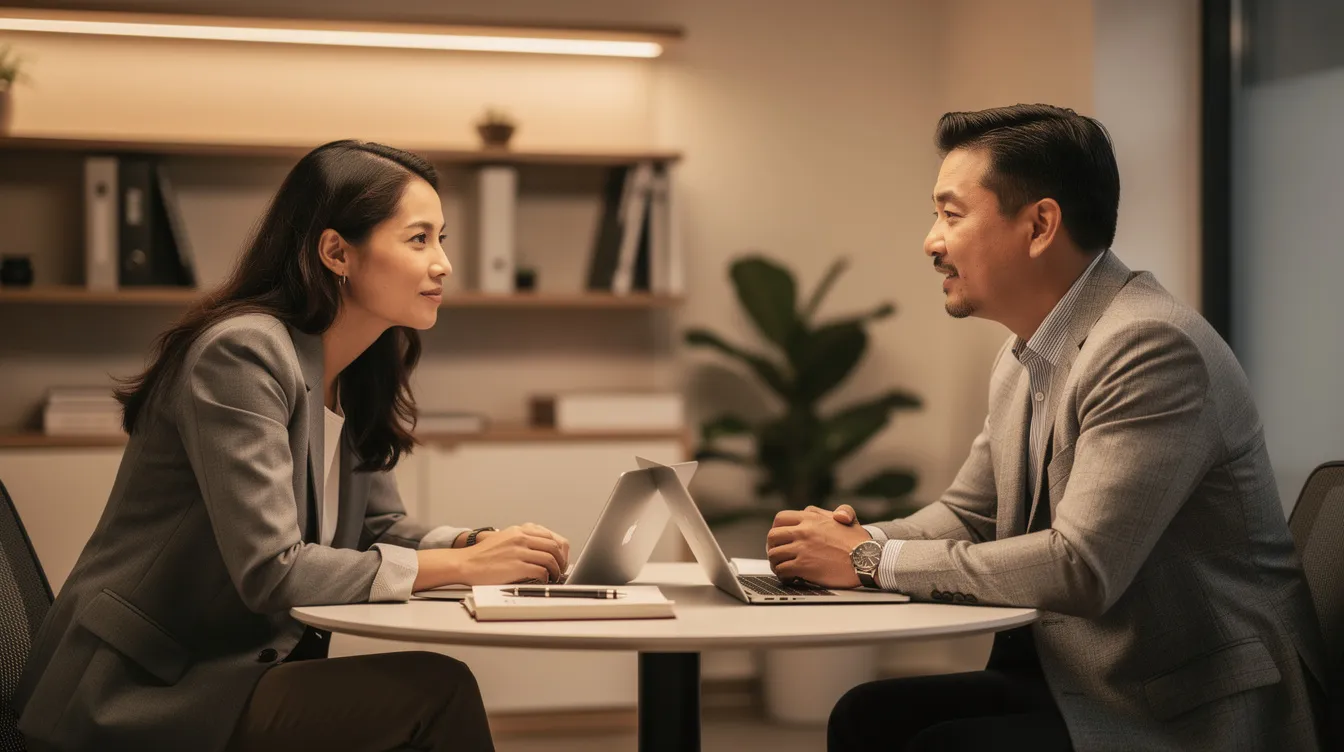 The image depicts two individuals engaged in a calm, professional conversation at a small table in a warmly lit room, suggesting a setting conducive to discussing mental health and personal matters. Their focused expressions convey respect and a desire to understand each other's perspectives.