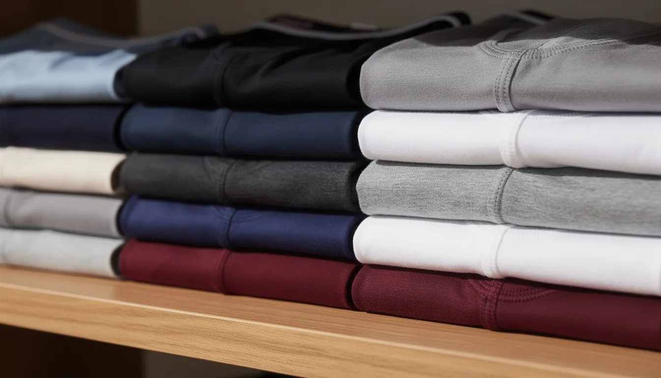 A close-up view of folded men's underwear in various colors is displayed on a wooden shelf, showcasing the softness and breathable fabric options like cotton and modal. These underwear pieces are designed for everyday wear, offering superior moisture wicking properties and comfort for sensitive skin.