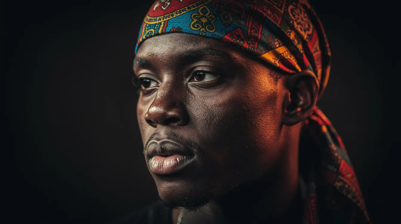 Un portrait artistique d'une personne portant un durag coloré, mettant en valeur son visage avec un éclairage dramatique. Ce style unique, souvent associé à la culture noire, souligne l'importance des accessoires de mode comme le do rag dans l'identité et l'expression personnelle.