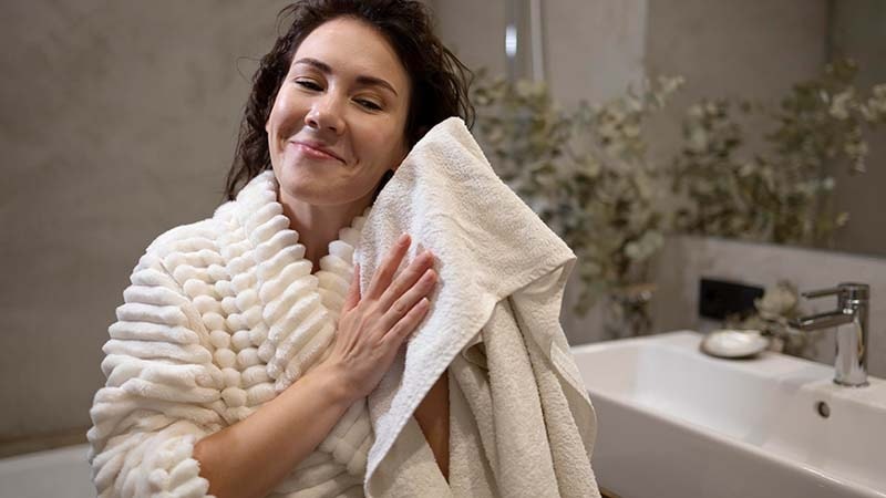 A woman using a skin-safe towel