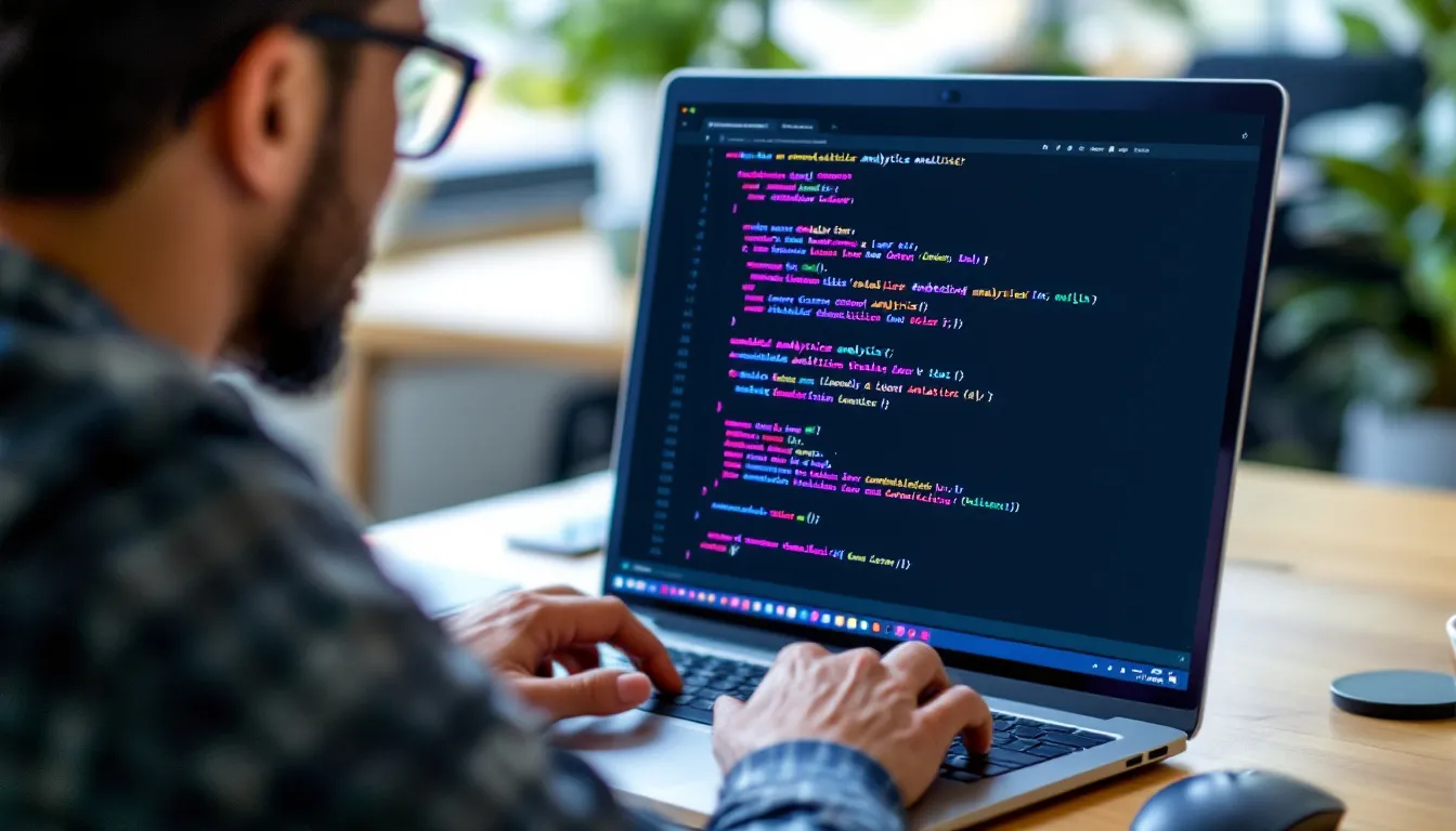 A developer is focused on integrating embedded analytics, with lines of code visible on the screen that highlight various data analytics tools and advanced analytics features. The workspace reflects a user-friendly interface aimed at creating interactive visualizations and analyzing data from multiple sources.