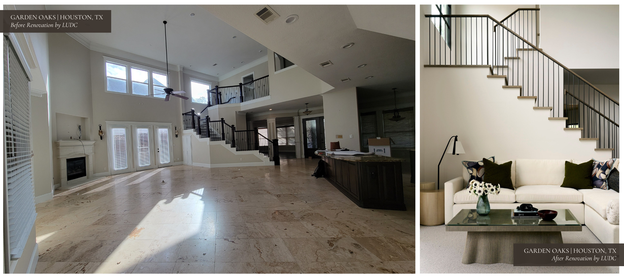 A spacious but outdated living room with dark tile floors, heavy drapery, and a dated staircase with ornate details on the left. On the right, a light and airy space.