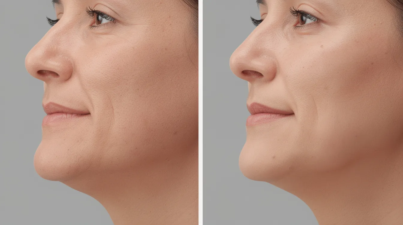 The image shows a side-by-side comparison of a person's jaw profile, highlighting the enhanced jawline contour achieved through jawline filler treatments. The left side displays the natural jawline, while the right side reveals a sculpted jawline, showcasing the results of dermal fillers that add volume and definition for a more youthful appearance.