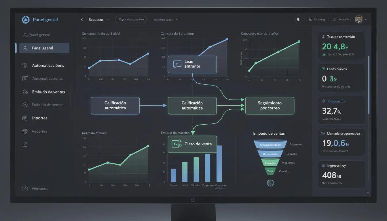 El panel de control moderno muestra la automatización de tareas de ventas, con gráficos y métricas que reflejan el rendimiento del equipo de ventas. Este sistema utiliza inteligencia artificial para optimizar el proceso de atención a clientes y mejorar la conversión de prospectos en clientes potenciales.