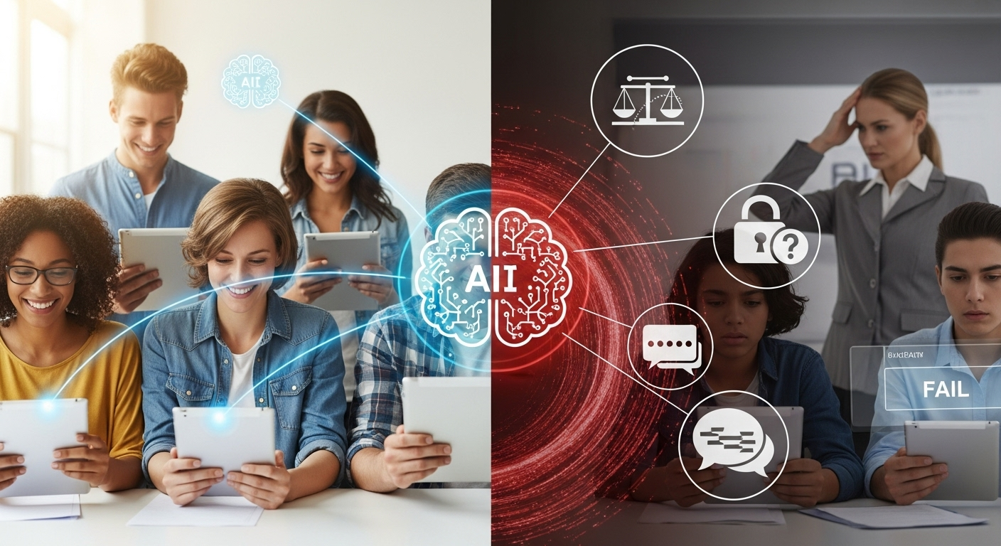 Balanced illustration showing AI grading benefits on one side and ethical risks like bias, privacy, and misinterpretation on the other